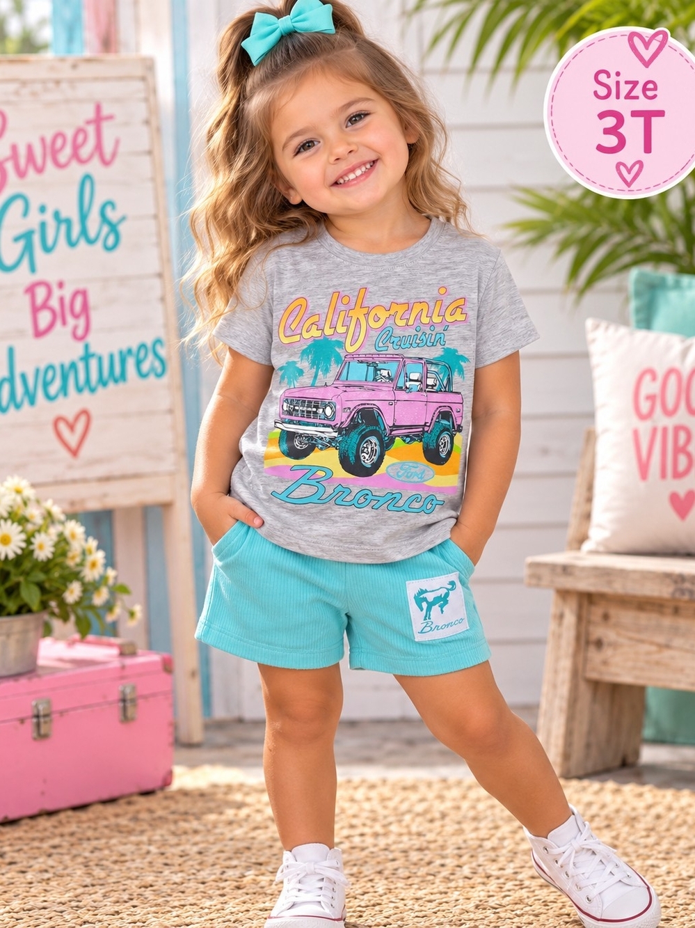 Ford Bronco NWT 2-Piece California Cruisin Outfit Set 3T Gray Tee Turquoise